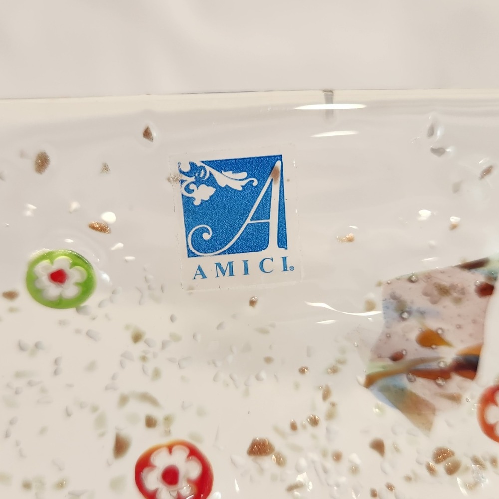 Amici Fused Clear Glass Small Trinket Dish Plate Colorful Millefiori 5.5"x3.25" - Picture 2 of 8